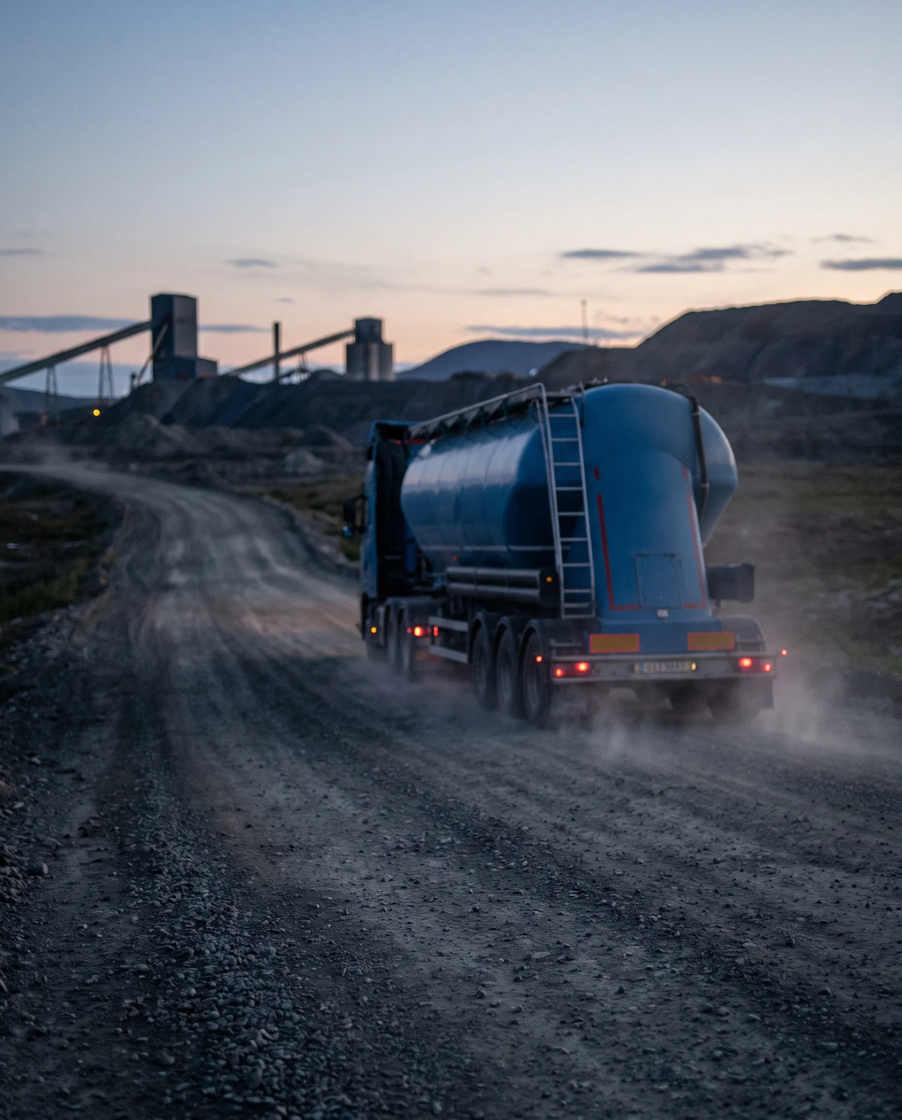Cementtransport med tankbil och släp på grusväg vid en gruva i skymning